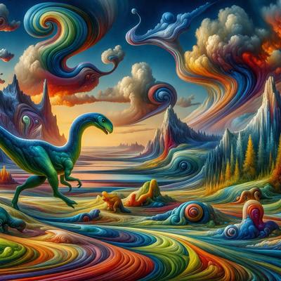 Primary subject: Dinosaur
Setting/background: A colorful, swirling, and cloudy sky
Visual style: Digital art
Colors and mood: Vibrant, lively, and whimsical